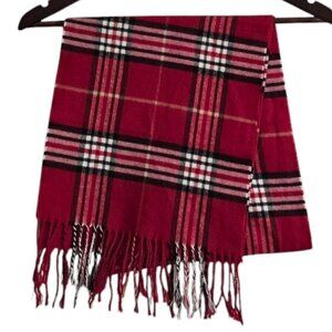 V.Fraas Cashmink Red Plaid Fringe Acrylic Scarf